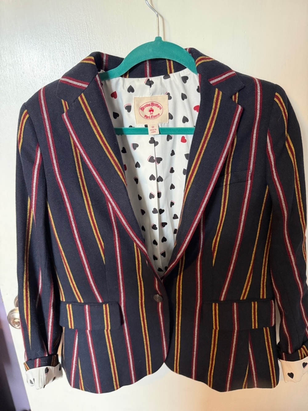 Brooks Brothers Navy Blazer with Red and Yellow Stripes. Red Fleece